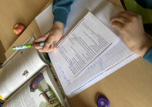 Uczeń podczas tworzenia notatki o Ignacym Krasickim.