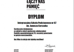 Dyplom dla Integracyjnej Szkoły Podstawowej nr 67 za aktywność i współpracę z Muzeum Żydów Polskich