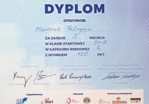 Dyplom za zajęcie I miejsca i tytuł Mistrza Polski w pływaniu w klasyfikacji generalnej S1-S6.
