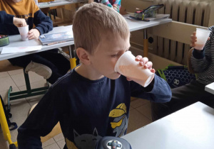 Chłopiec pije sok warzywno - owocowy.