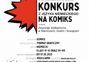 Plakat II Ogólnopolski Konkurs z Języka Niemieckiego NA KOMIKS na temat "Osterbräuche in Deutschland, Österreich und der Schweiz" / "Zwyczaje wielkanocne w Niemczech, Austrii i Szwajcarii"